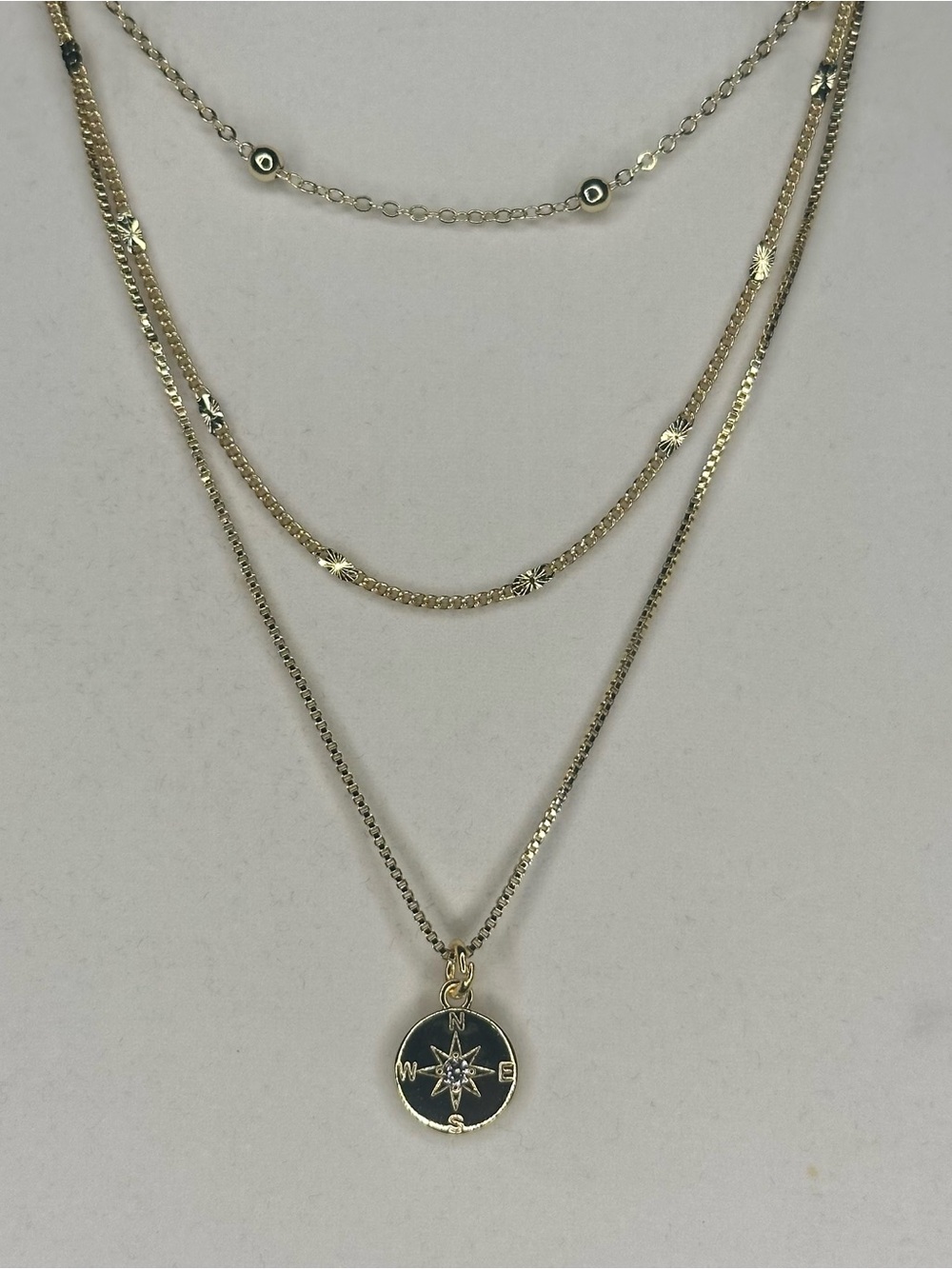 Gold Plated Layered Necklace Set Compass Pendant 3 Piece New - Picture 2 of 9